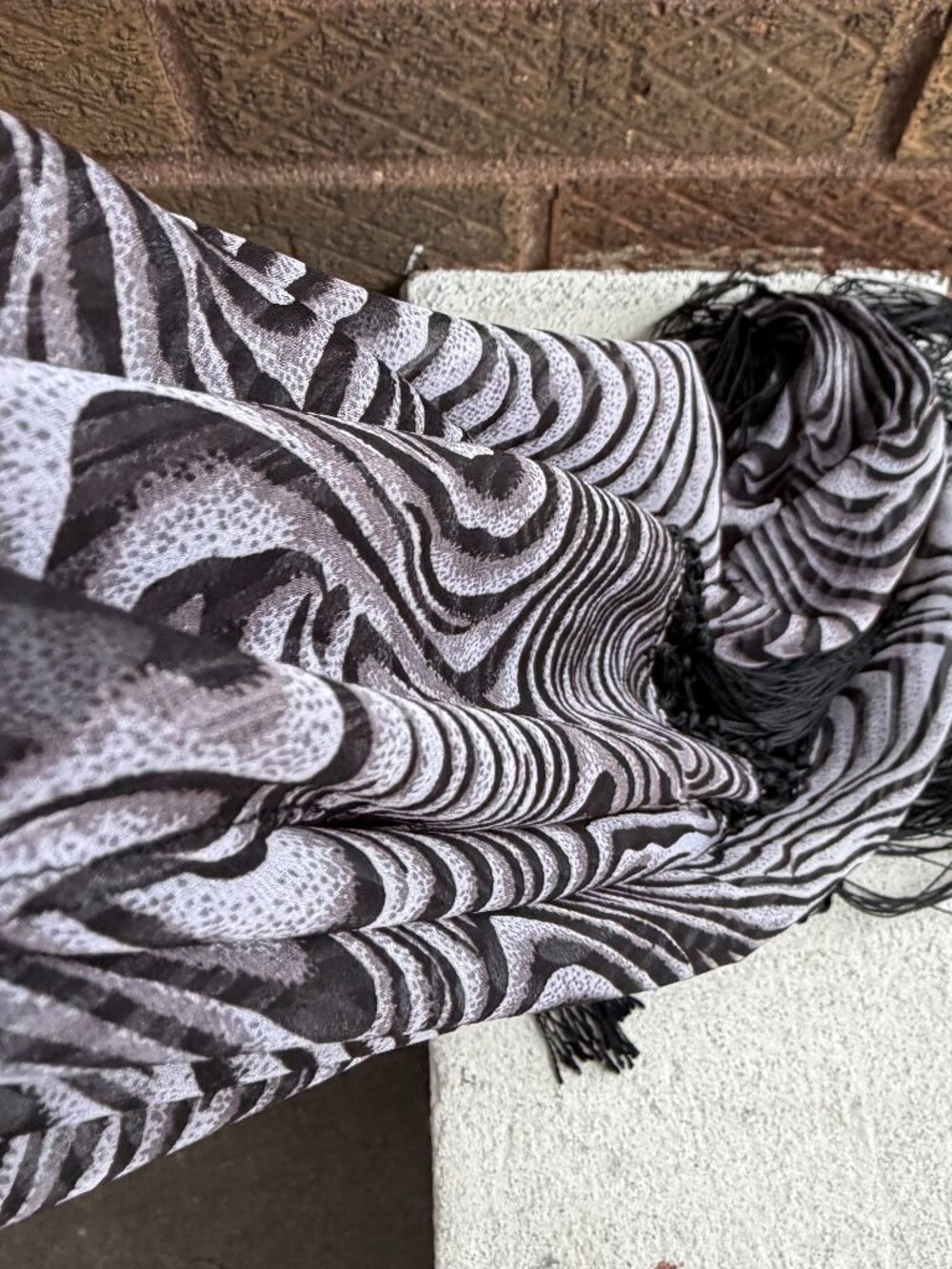 Vintage 80s Long Zebra Animal Print Triangle Shawl Fringe Scarf Necktie Belt